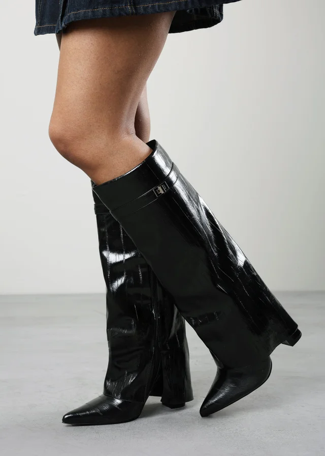Where's That From Keira Black Eel Fold Over Shark Block Heel Pointed Toe Boots