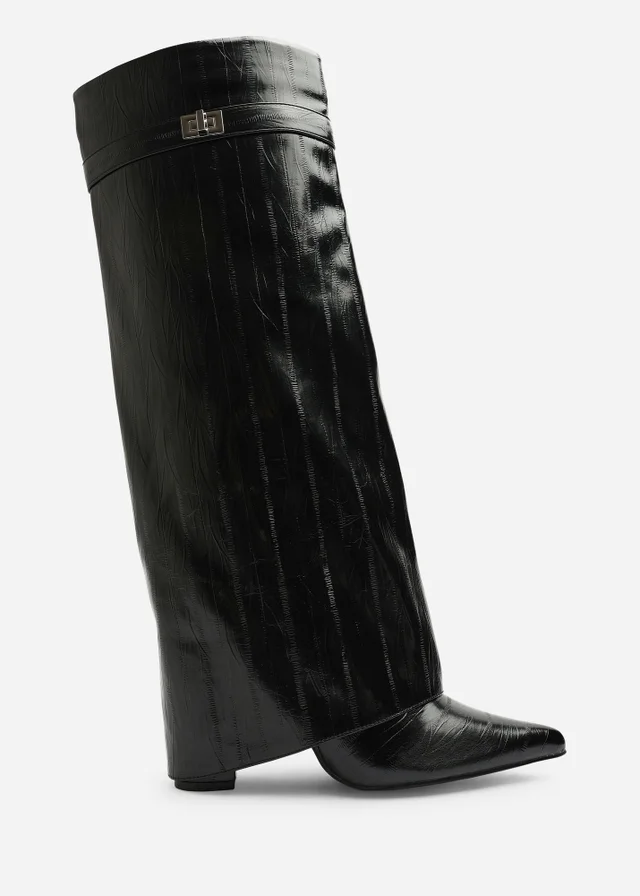 Where's That From Keira Black Eel Fold Over Shark Block Heel Pointed Toe Boots