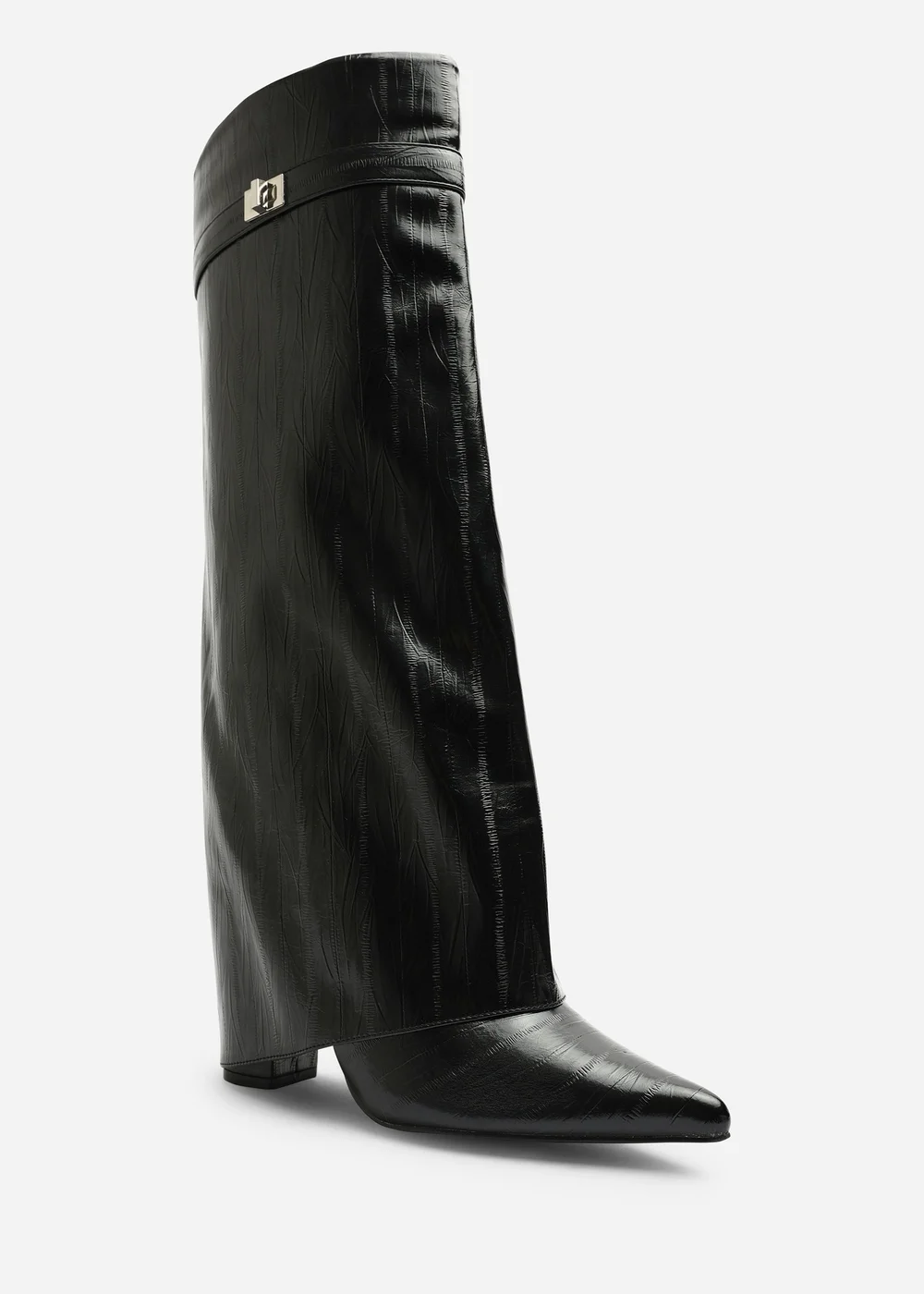 Where's That From Keira Black Eel Fold Over Shark Block Heel Pointed Toe Boots - 6 Image 2