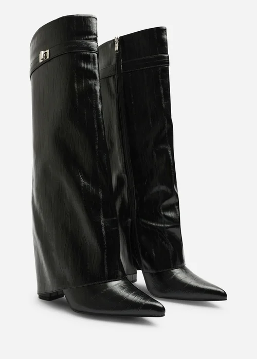 Where's That From Keira Black Eel Fold Over Shark Block Heel Pointed Toe Boots - 6 Image 3