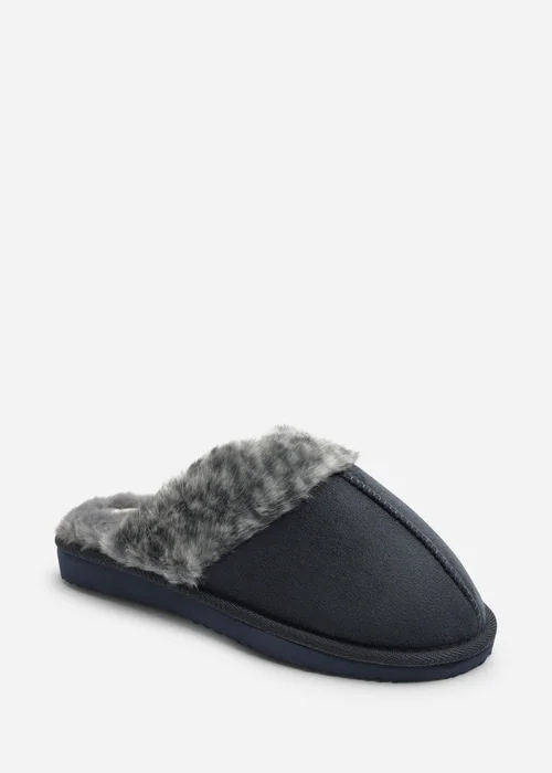 Where's That From Comfort Blue Leopard Faux Fur Trim Mule Slipper - 3 Image 2