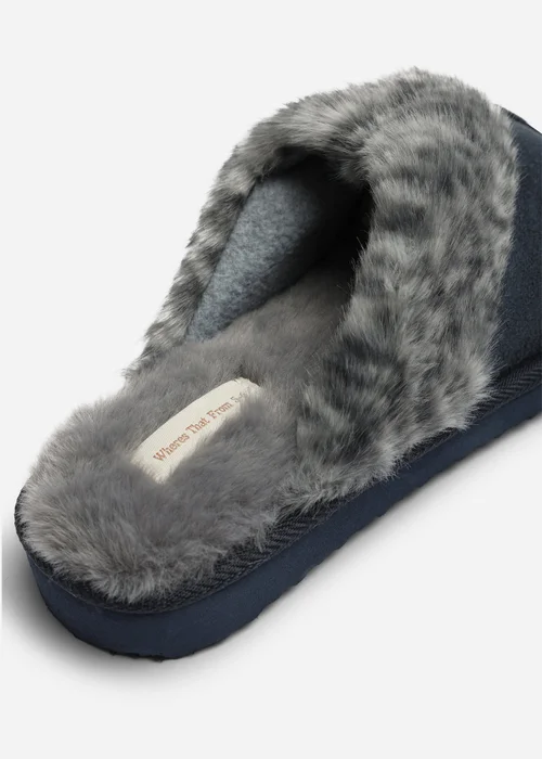 Where's That From Comfort Blue Leopard Faux Fur Trim Mule Slipper - 3 Image 4