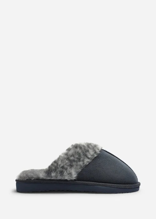 Where's That From Comfort Blue Leopard Faux Fur Trim Mule Slipper - 3 Image 1