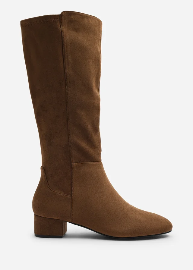 Where's That From Paislee Warm Brown Wide Fit Round Toe Block Heel Stretch Boots