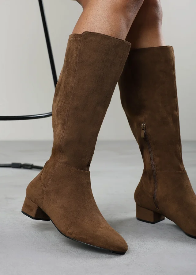 Where's That From Paislee Warm Brown Wide Fit Round Toe Block Heel Stretch Boots
