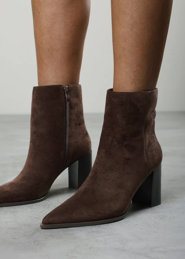 Where's That From Daryna Dark Brown Stacked Heel Pointed Ankle Boot