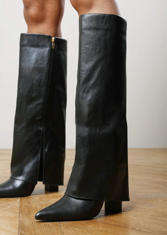 Where's That From Makenzie Black Fold Down Knee High Heeled Shark Boots