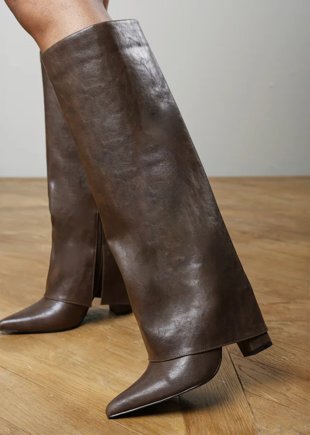 Where's That From Makenzie Brown Fold Down Knee High Heeled Shark Boots