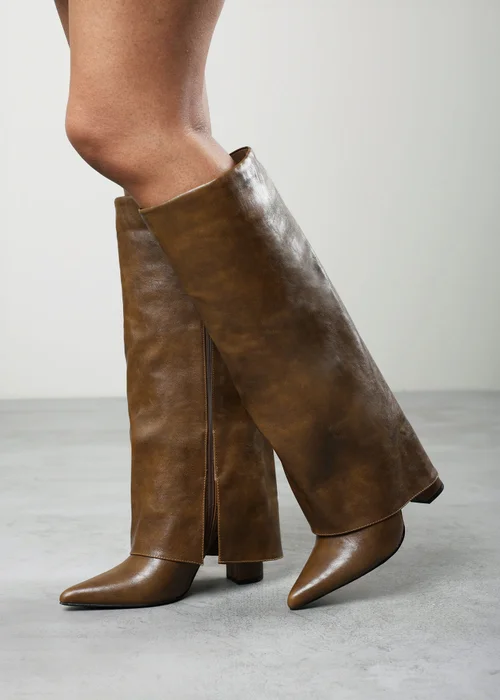 Where's That From Makenzie Tan Fold Down Knee High Heeled Shark Boots - 6 Image 5