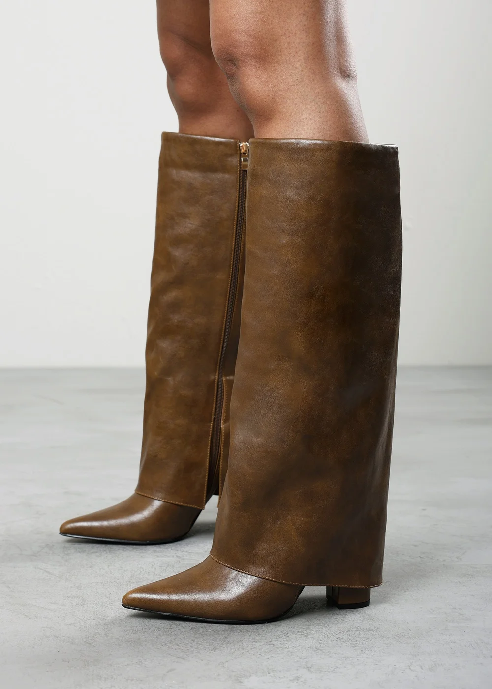 Where's That From Makenzie Tan Fold Down Knee High Heeled Shark Boots - 6 Image 2