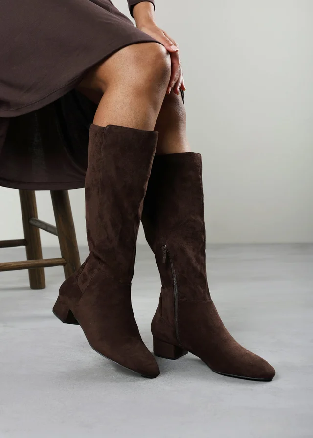 Where's That From Paislee Dark Brown Wide Fit Round Toe Block Heel Stretch Boots