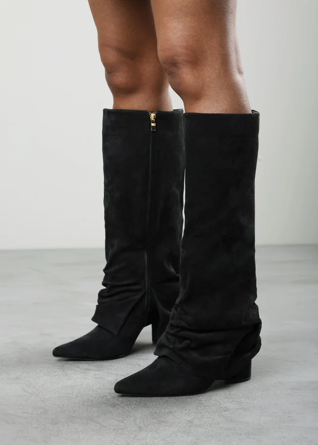 Where's That From Galilea Black Ruched Fold Down Knee High Heeled Shark Boots