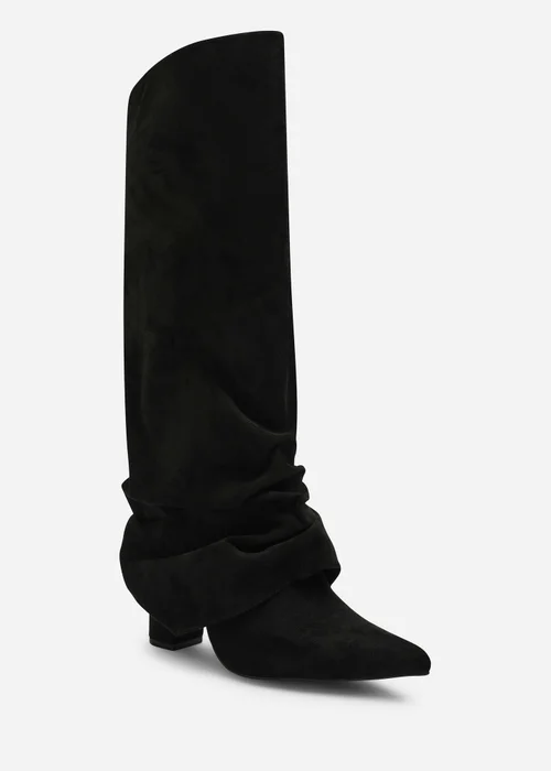 Where's That From Galilea Black Ruched Fold Down Knee High Heeled Shark Boots - 6 Image 2