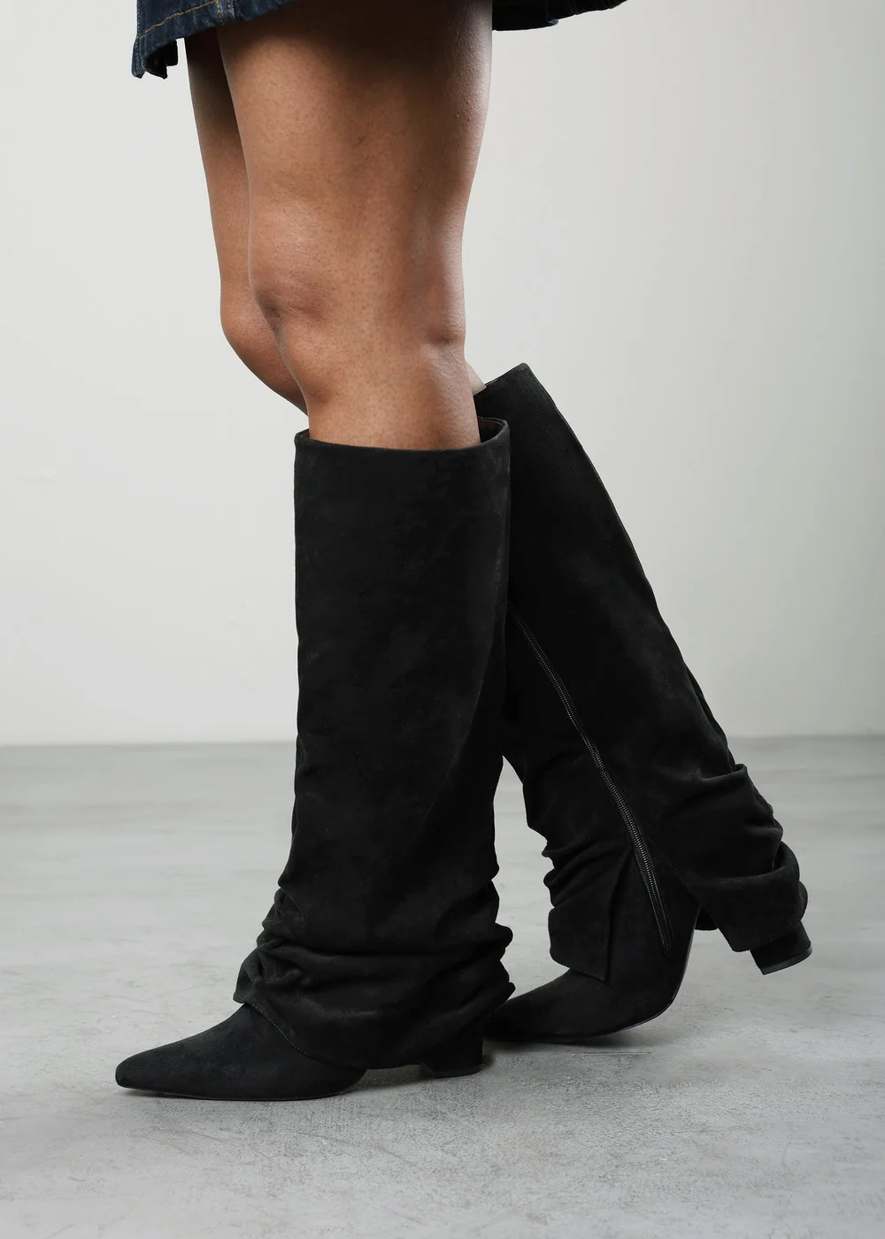 Where's That From Galilea Black Ruched Fold Down Knee High Heeled Shark Boots - 6 Image 5