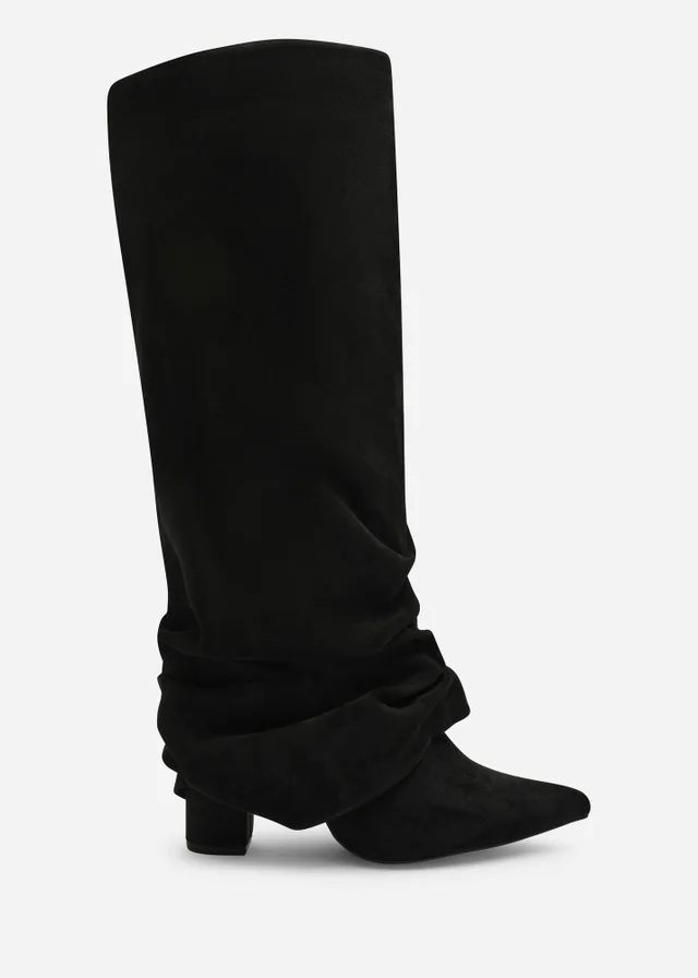 Where's That From Galilea Black Ruched Fold Down Knee High Heeled Shark Boots