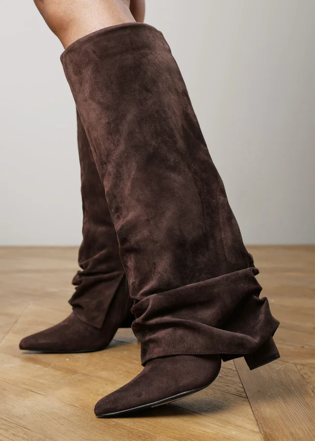 Where's That From Galilea Dark Brown Ruched Fold Down Knee High Heeled Shark Boots