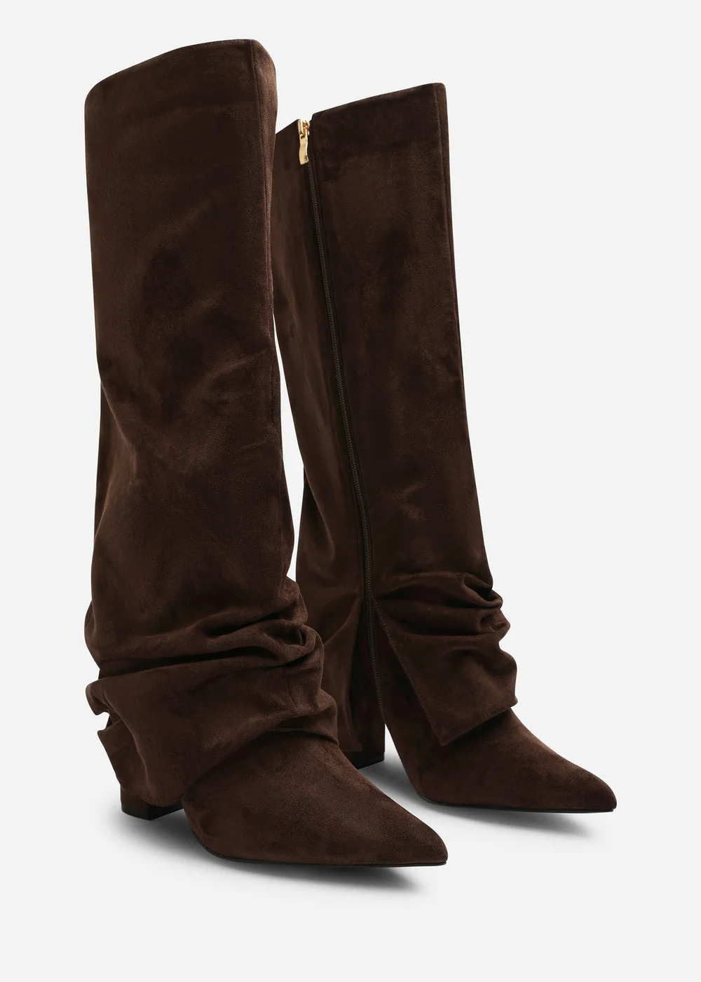 Where's That From Galilea Dark Brown Ruched Fold Down Knee High Heeled Shark Boots - 4 Image 3