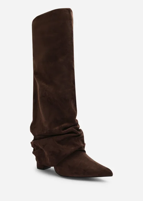 Where's That From Galilea Dark Brown Ruched Fold Down Knee High Heeled Shark Boots - 4 Image 2