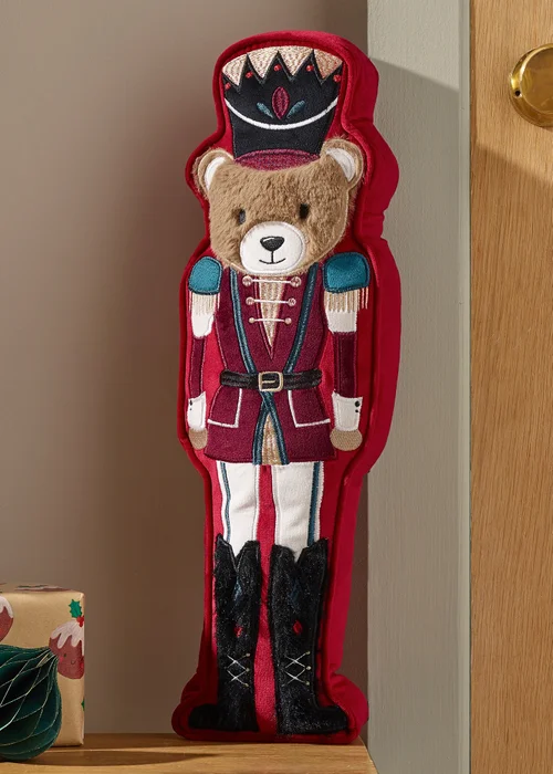 Catherine Lansfield Christmas Nutcracker Bear 20x35cm 3D Shaped Cushion Red - One Size Image 2