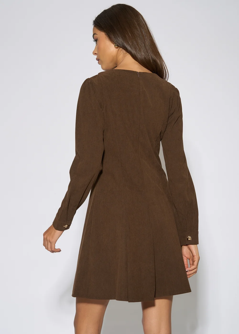 Gini London Dark Brown Gold Button Cord Mini Dress - 10 Image 2