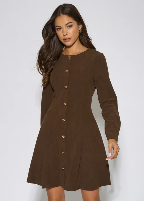 Gini London Dark Brown Gold Button Cord Mini Dress - 10 Image 3
