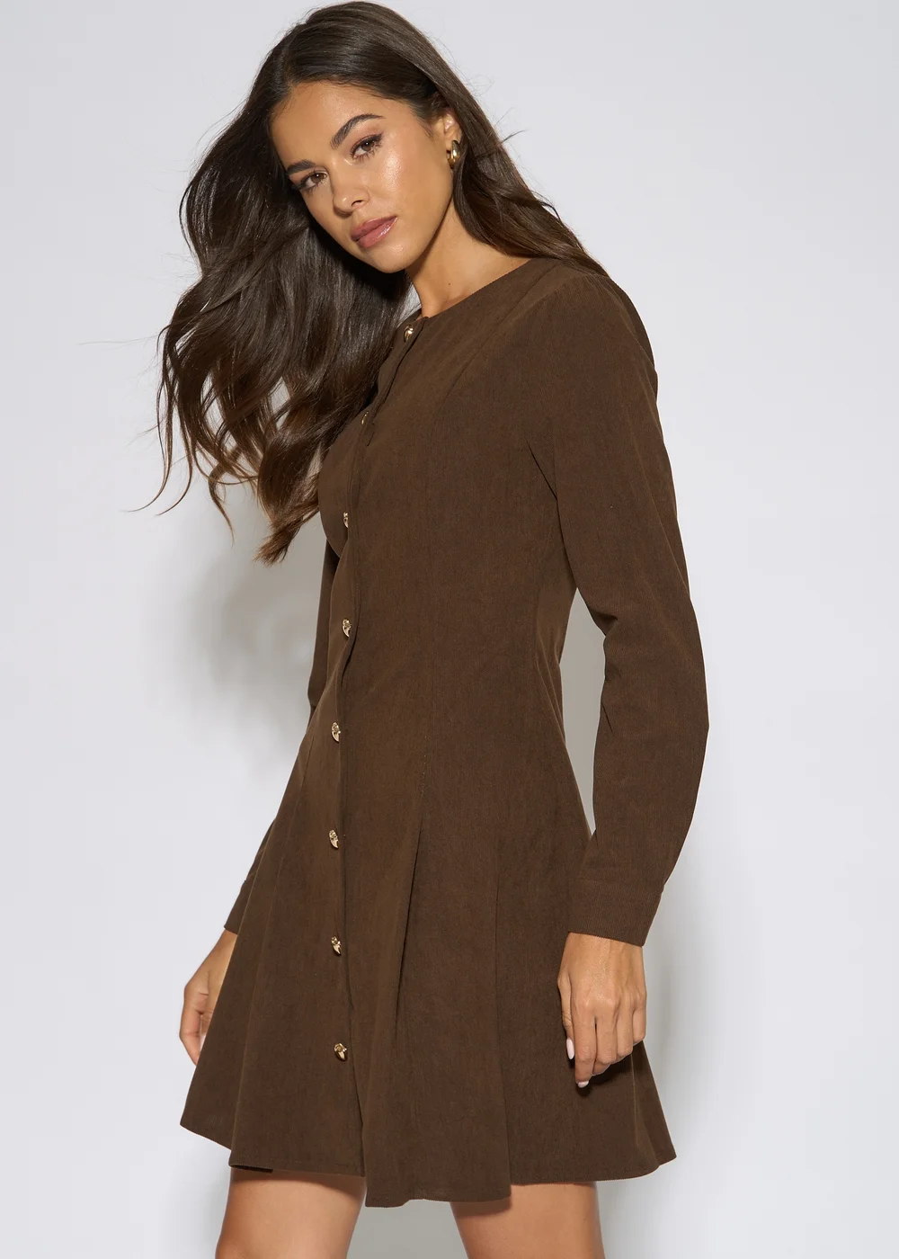 Gini London Dark Brown Gold Button Cord Mini Dress - 10 Image 4