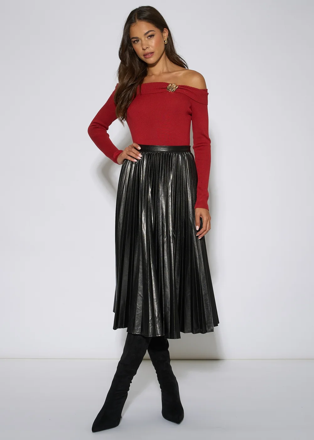 Gini London Black Pleated Faux Leather Midi Skirt - 16 Image 1