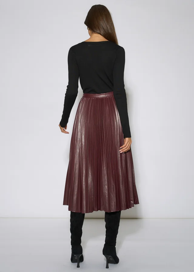 Gini London Burgundy Pleated Faux Leather Midi Skirt