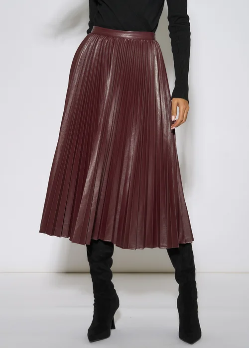 Gini London Burgundy Pleated Faux Leather Midi Skirt - 12 Image 3