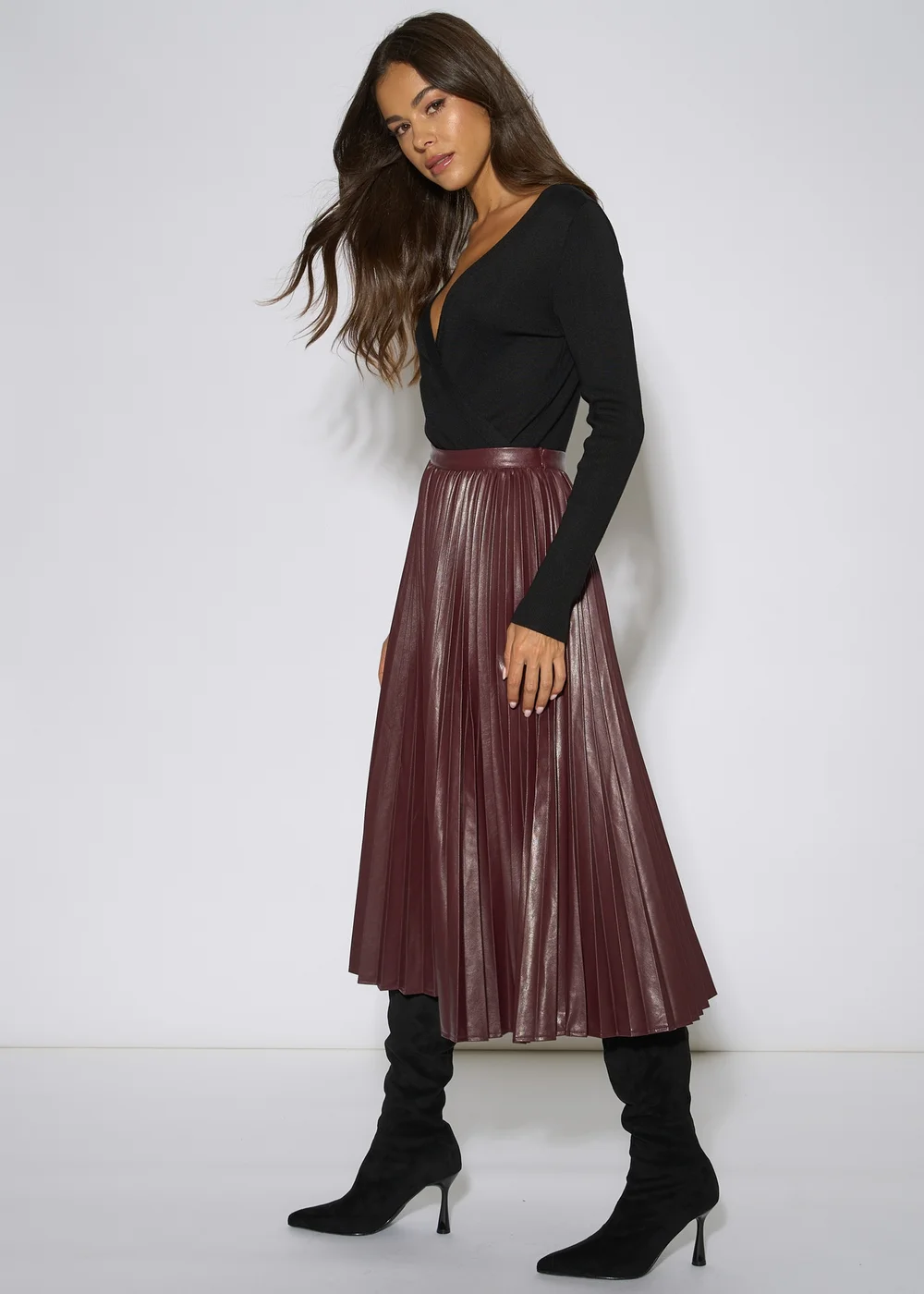 Gini London Burgundy Pleated Faux Leather Midi Skirt - 12 Image 4