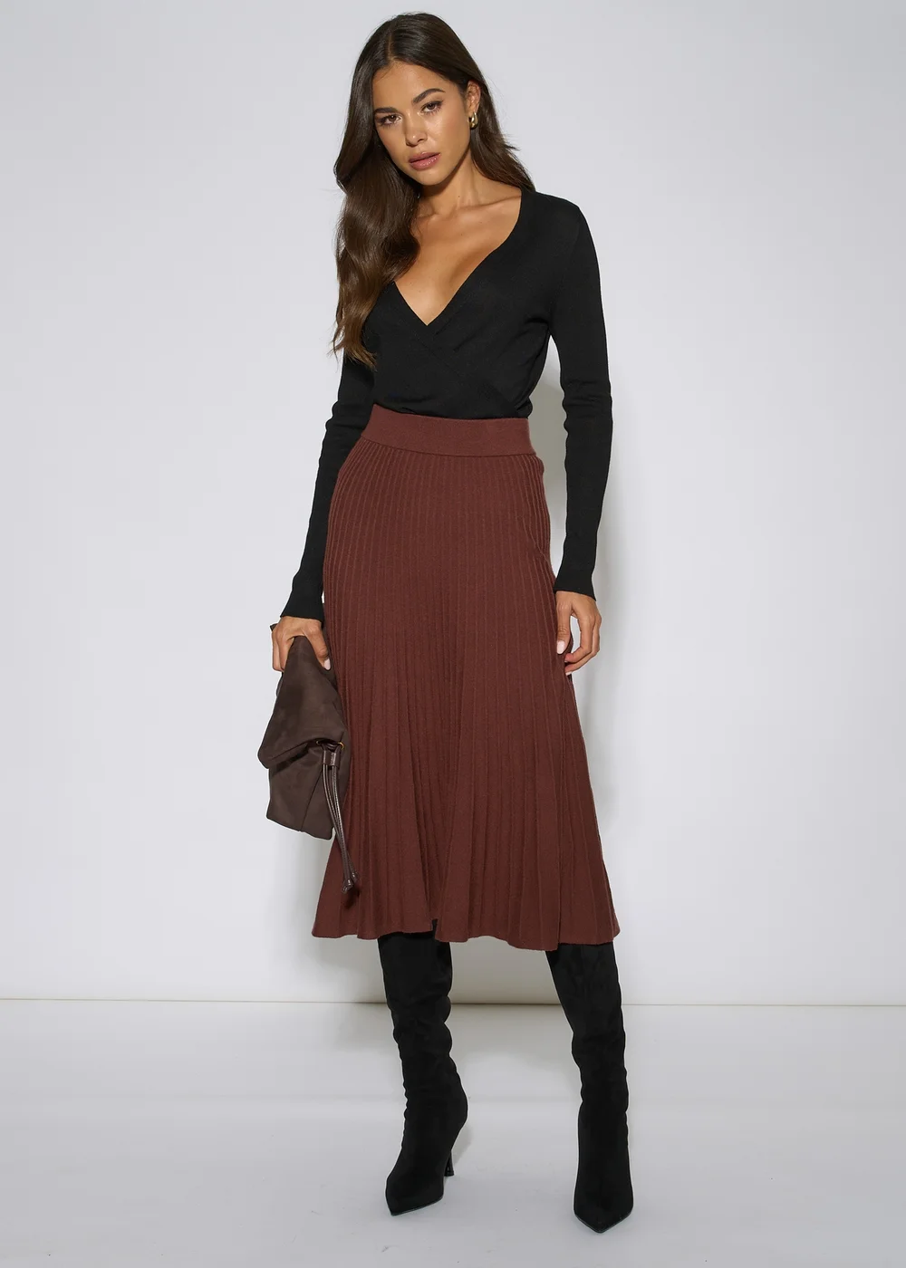 Gini London Brown Pleat Detail Knitted Flared Midi Skirt - 12 Image 1
