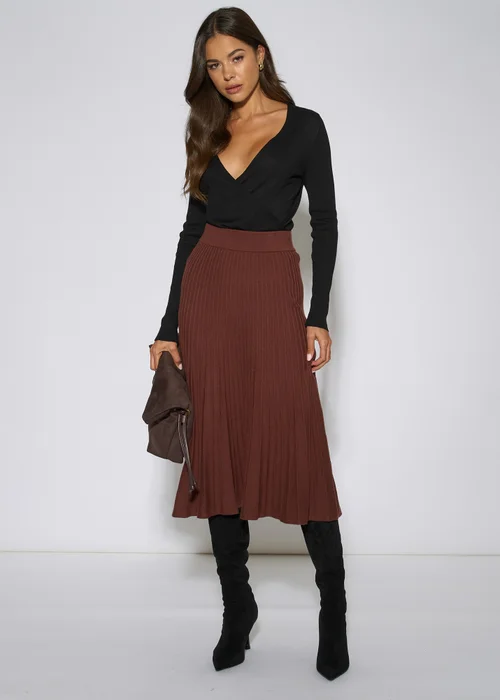 Gini London Brown Pleat Detail Knitted Flared Midi Skirt - 12 Image 1