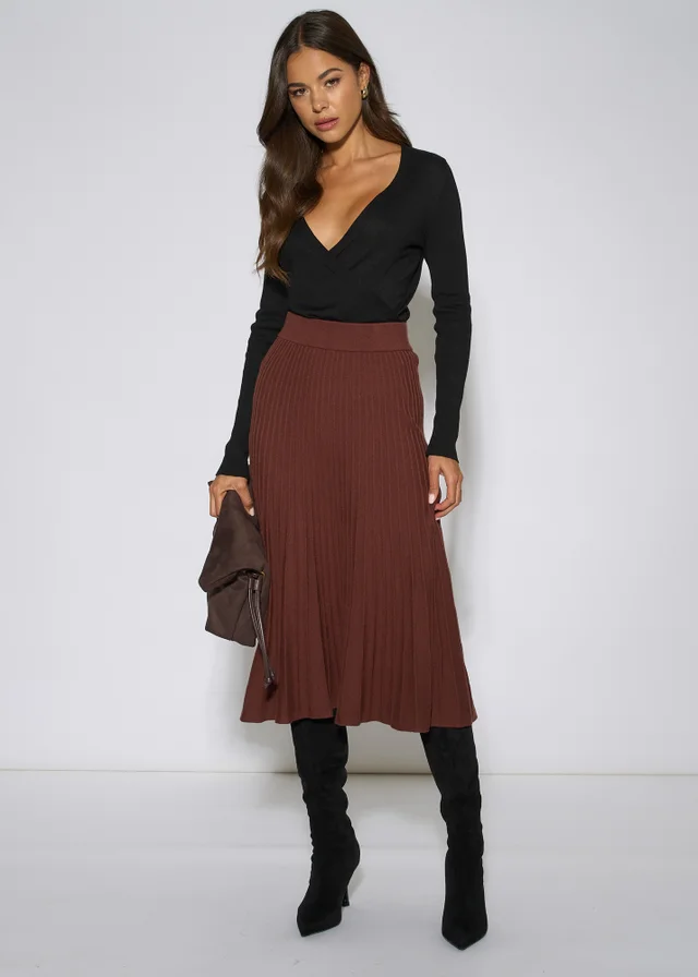 Gini London Brown Pleat Detail Knitted Flared Midi Skirt