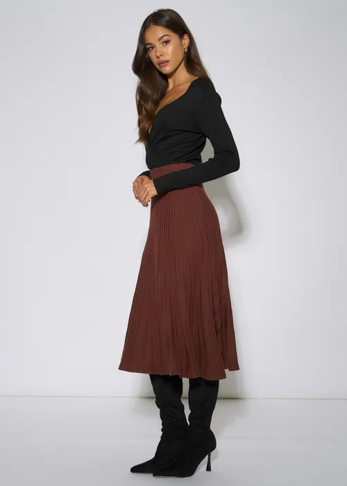 Gini London Brown Pleat Detail Knitted Flared Midi Skirt - 12 Image 4