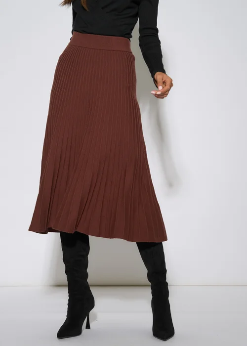 Gini London Brown Pleat Detail Knitted Flared Midi Skirt - 12 Image 3