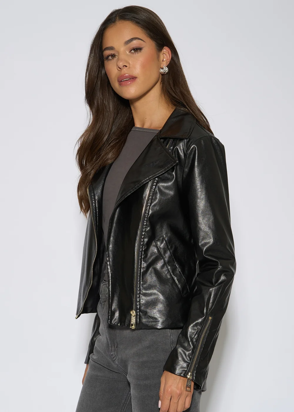 Gini London Black Faux Leather Biker Jacket - 16 Image 4