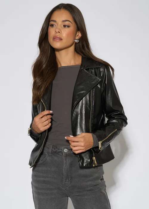 Gini London Black Faux Leather Biker Jacket - 16 Image 3