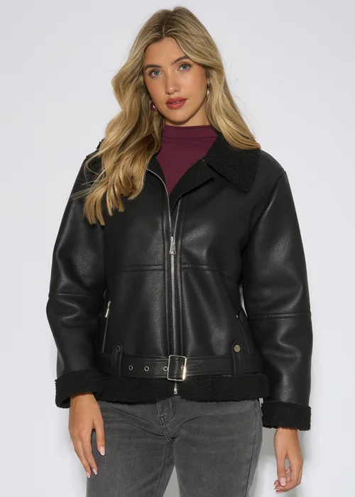 Gini London Black Faux Leather Aviator Biker Jacket - 12 Image 1