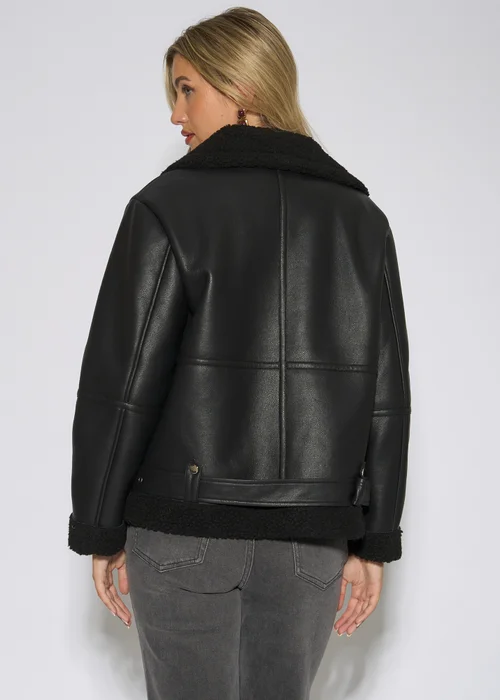 Gini London Black Faux Leather Aviator Biker Jacket - 12 Image 2