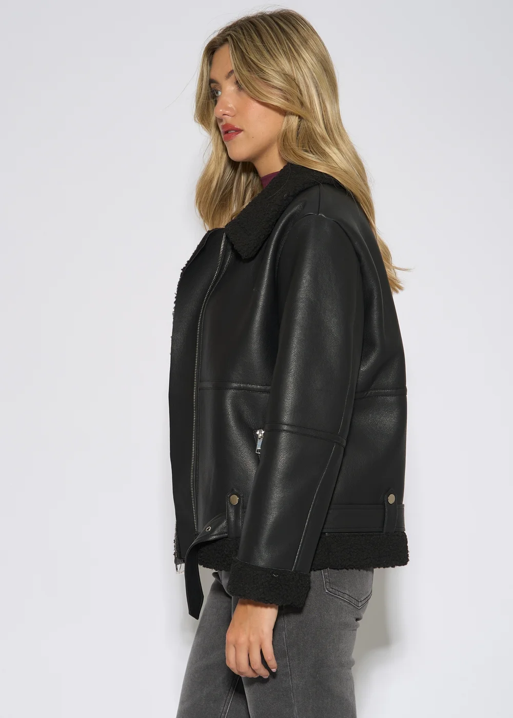 Gini London Black Faux Leather Aviator Biker Jacket - 12 Image 4