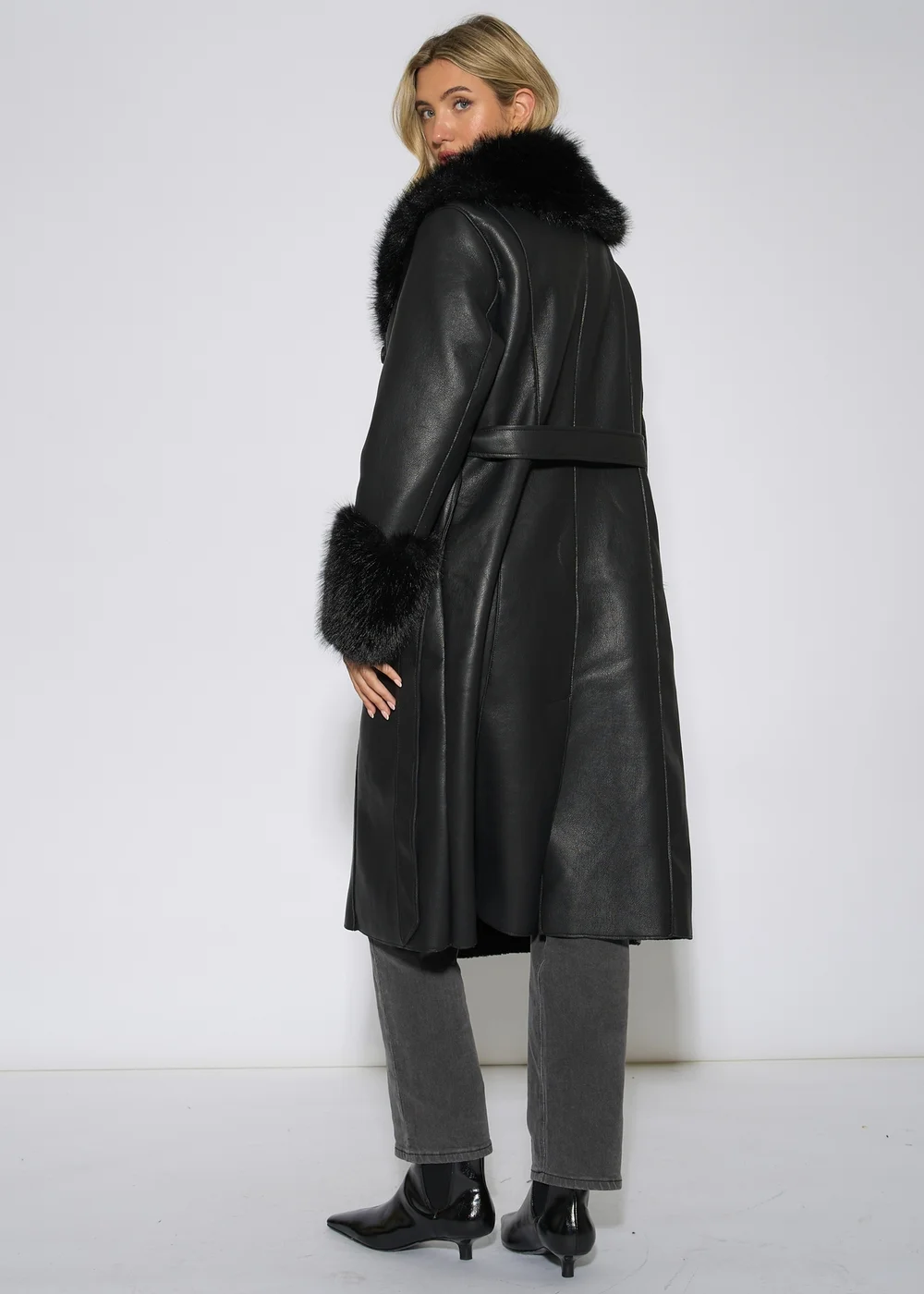 Gini London Black Fur Trim Faux Leather Wrap Longline Coat - 12 Image 2