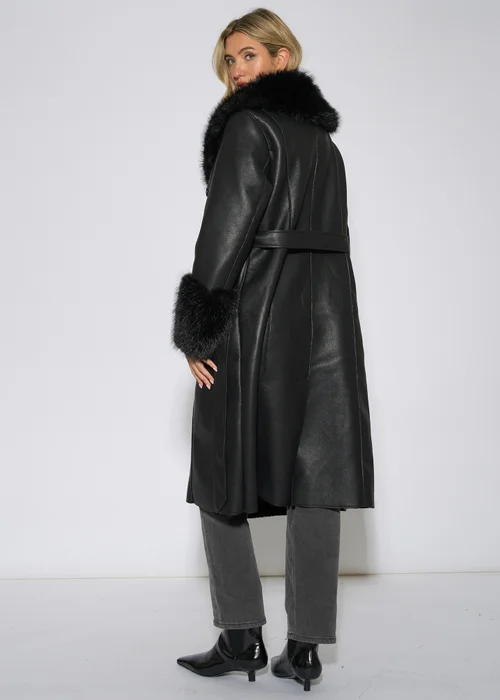 Gini London Black Fur Trim Faux Leather Wrap Longline Coat - 12 Image 2