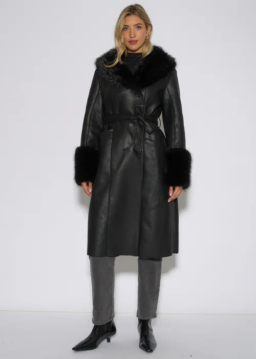 Gini London Black Fur Trim Faux Leather Wrap Longline Coat - 12 Image 1