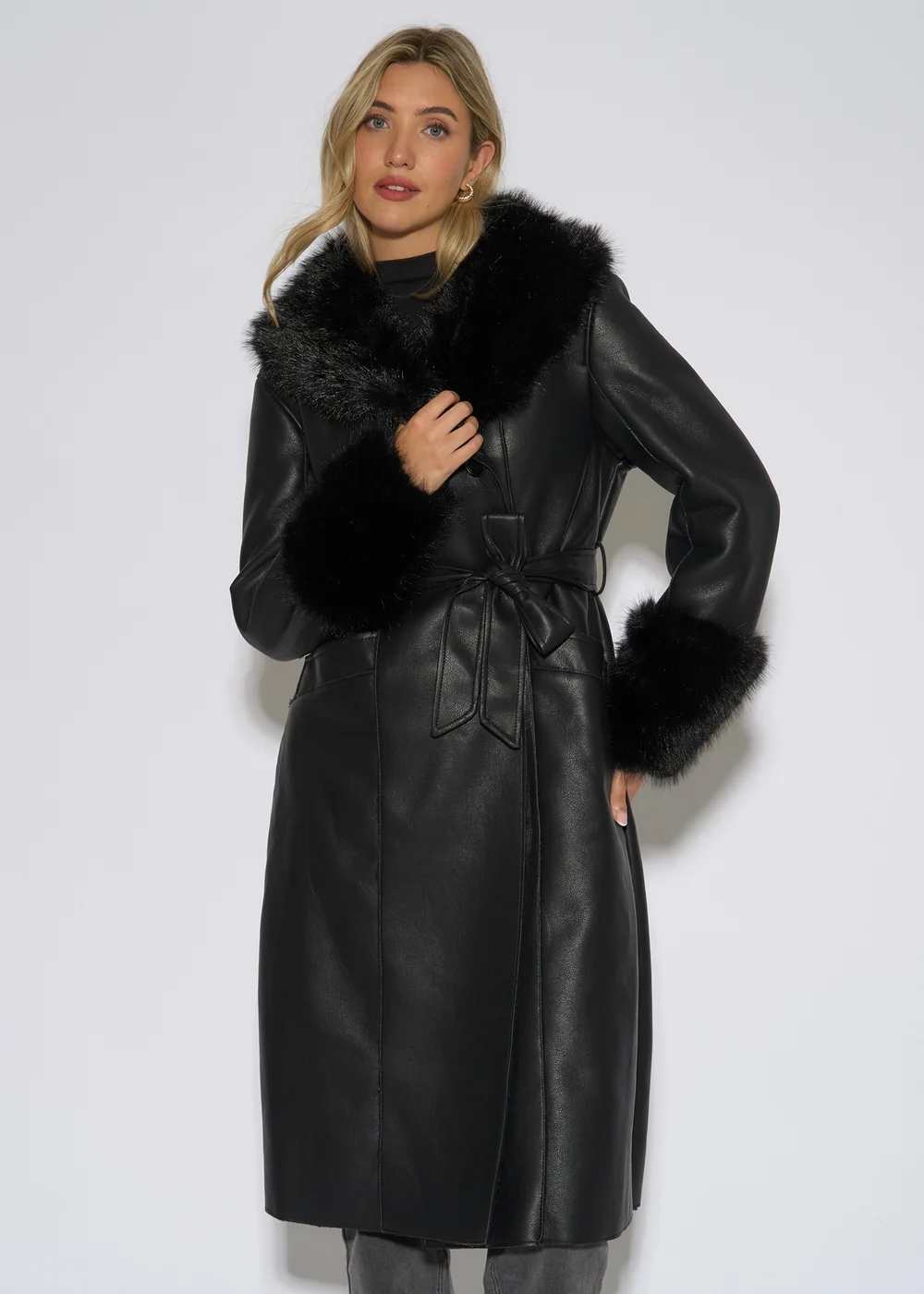 Gini London Black Fur Trim Faux Leather Wrap Longline Coat - 12 Image 3