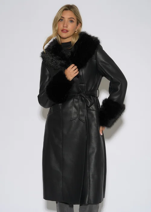Gini London Black Fur Trim Faux Leather Wrap Longline Coat - 12 Image 3
