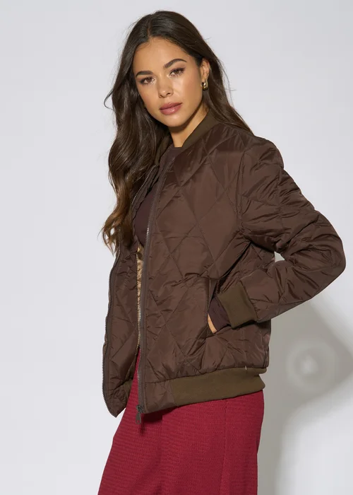 Gini London Brown Rib Trim Puffer Bomber Jacket - 14 Image 3