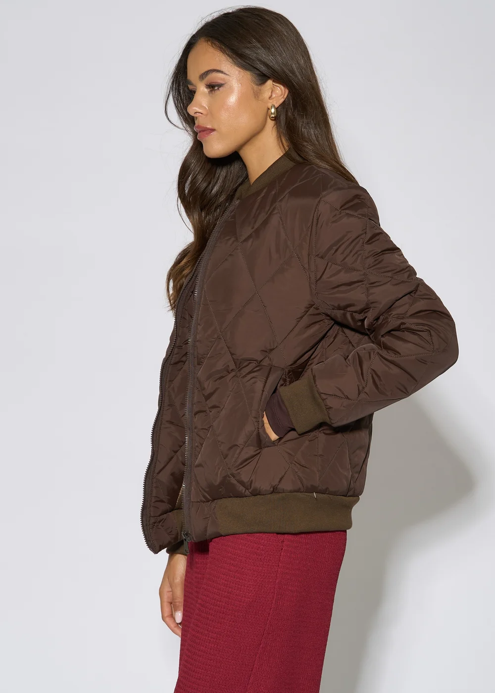 Gini London Brown Rib Trim Puffer Bomber Jacket - 14 Image 4