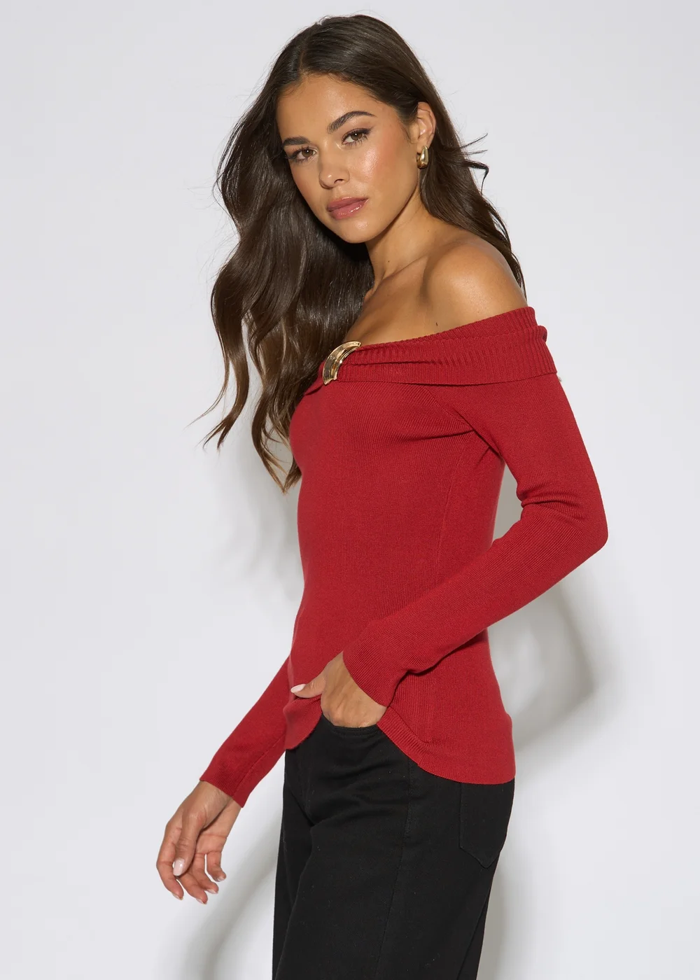 Gini London Red Bardot Gold Button Detail Top - 16 Image 4