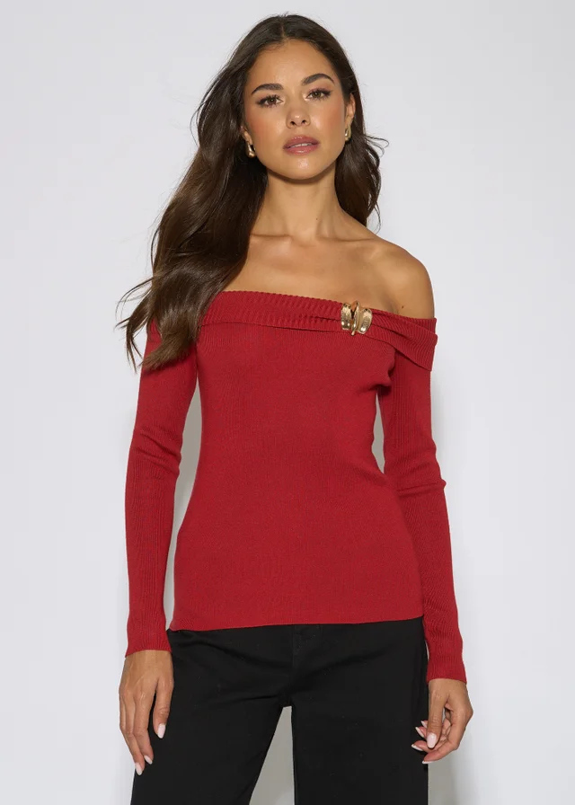 Gini London Red Bardot Gold Button Detail Top