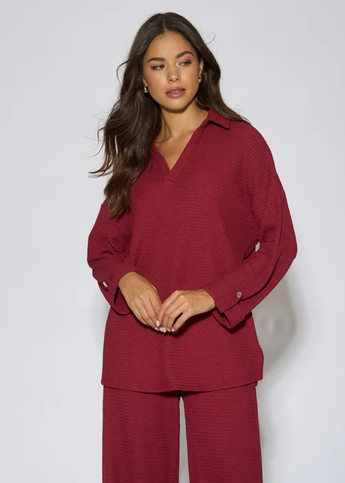 Gini London Mulberry Textured V Neck Roll Up Sleeves Top - 12 Image 1